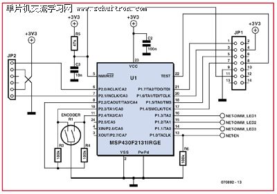 图3: 使用 JTAG 连接 (JP1)、eZ430 连接器 (JP2) 和旋转编码器 (R1) 基于 MSP430 微控制器的这种电路的控制部分 图3: 使用 JTAG 连接 (JP1)、eZ430 连接器 (JP2) 和旋转编码器 (R1) 基于 MSP430 微控制器的这种电路的控制部分