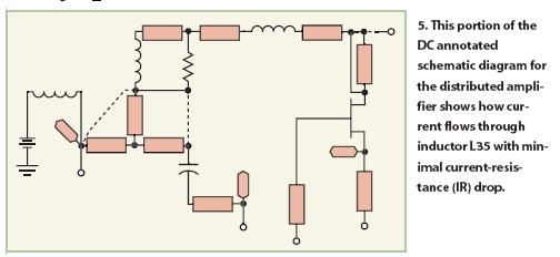 图5：分布式放大器电路的直流等效电路，可以看出流经电感L35的电流只引起很小的压降。