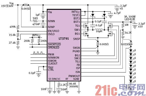 图1:LT3791以高达100W的功率驱动一个3A的LED阵列。