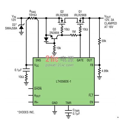 图 5：LT4356 专为在其输入端上耐受高达 -30V 的反向电压而设计，而且它能驱动第二个反向隔离 MOSFET 以阻止反向电压传递到负载。