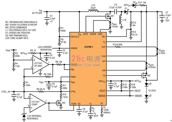 图 4：一款具 100:1 模拟调光比的 SEPIC 模式 LED 驱动器