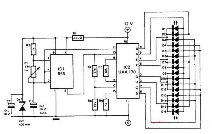 这个跑马灯定序列驱动16个led,它运行在12v电源.